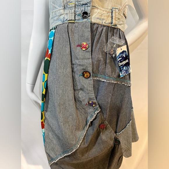 NWT DESIGUAL Patchwork Asymmetrical Artsy Buttons Denim Dress Size: 40 Medium - Picture 3 of 8
